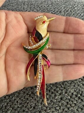 Gold Tone Multicolor Enamel Bird Brooch with Crystals - Green, Red, Black